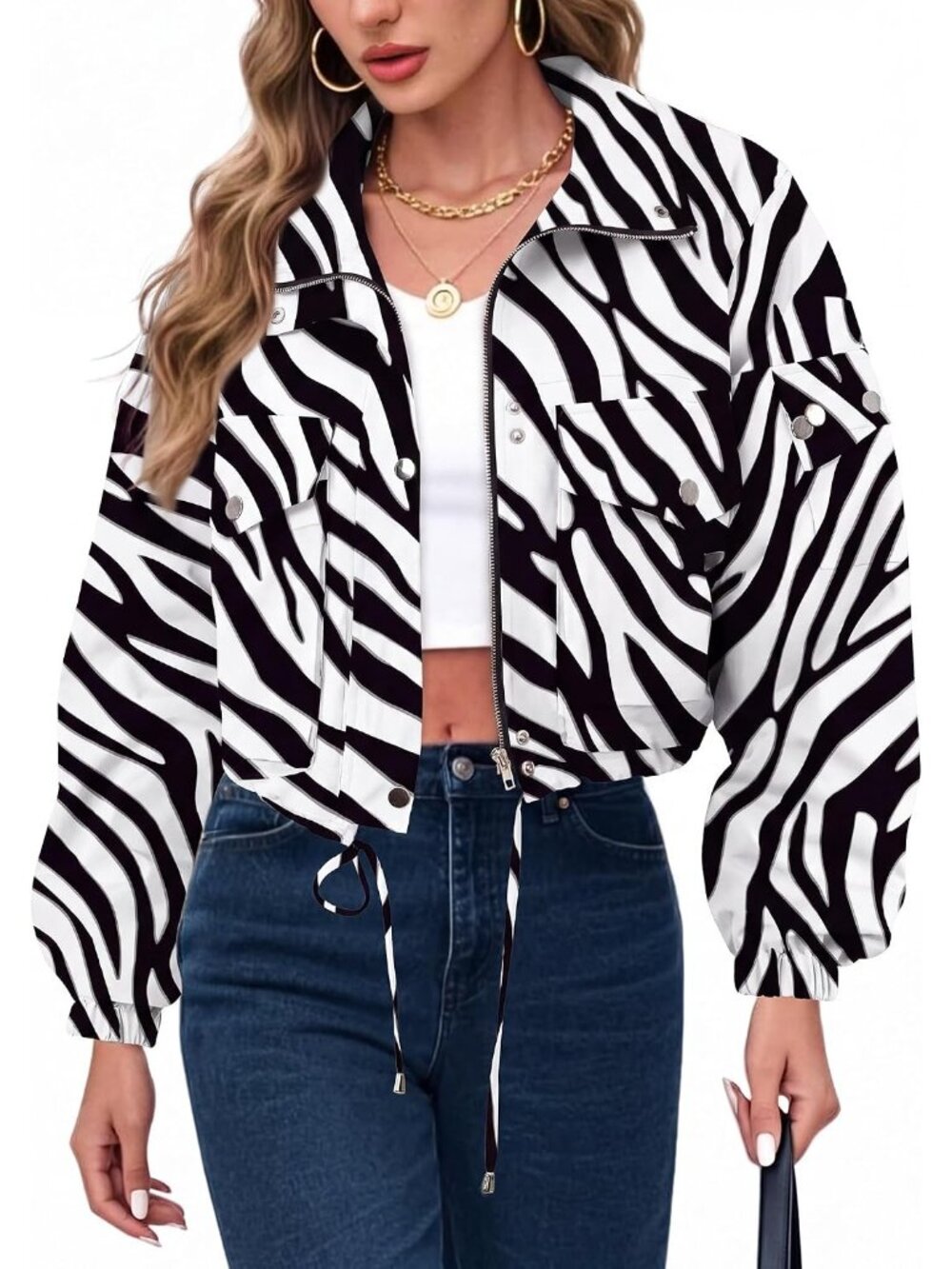 Women's black White Zebra Lightweight Cropped Anorak Coat Zip Up Bomber Jacket - Picture 5 of 6